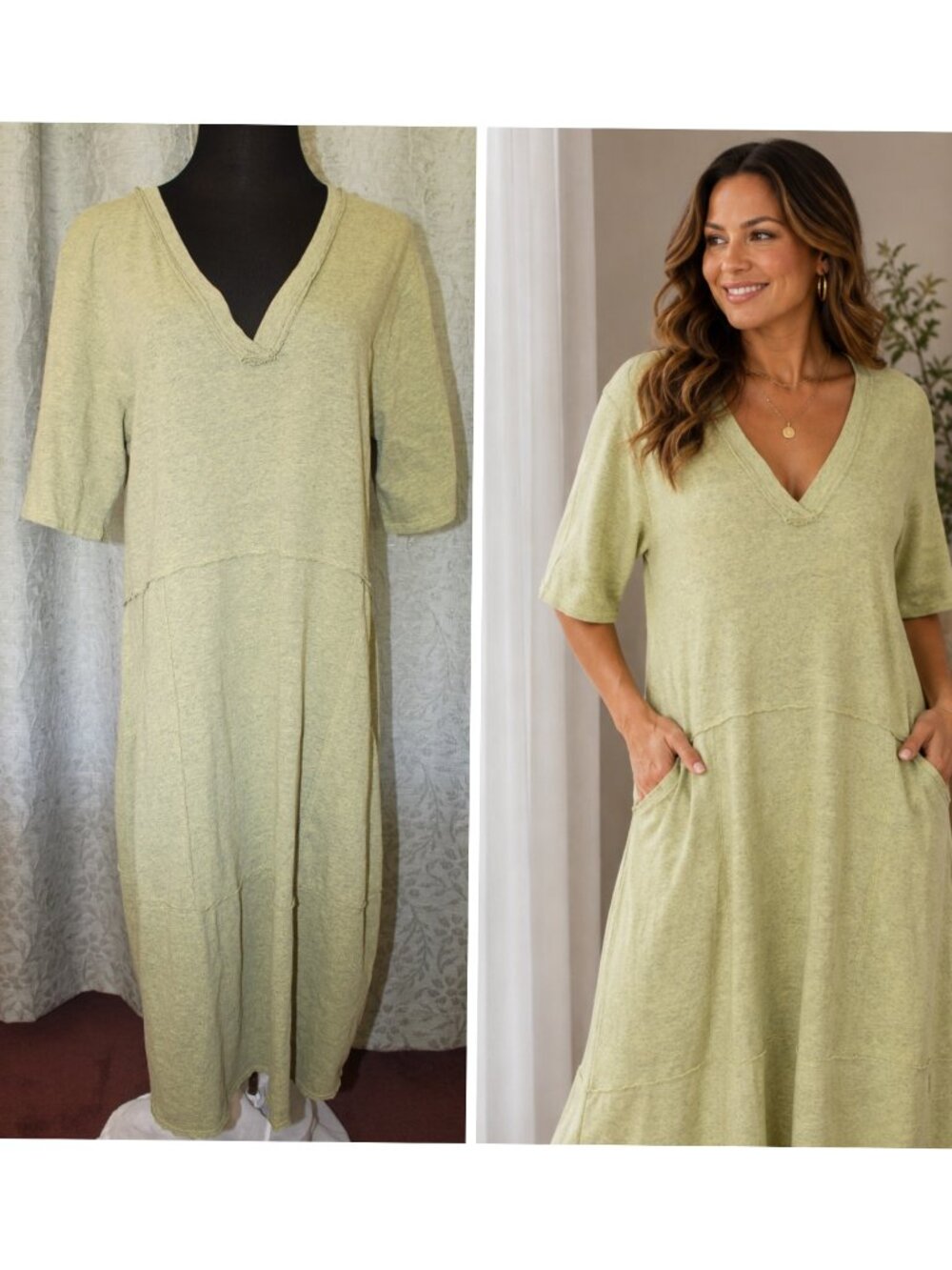 VTG Fenini Cotton Blend Midi Dress Size M oversize Pull over Lagenlook Pockets